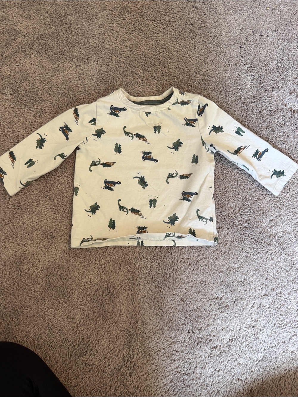 Tahari Cream Long-Sleeve Tee with Green Dino & Brown Truck Print